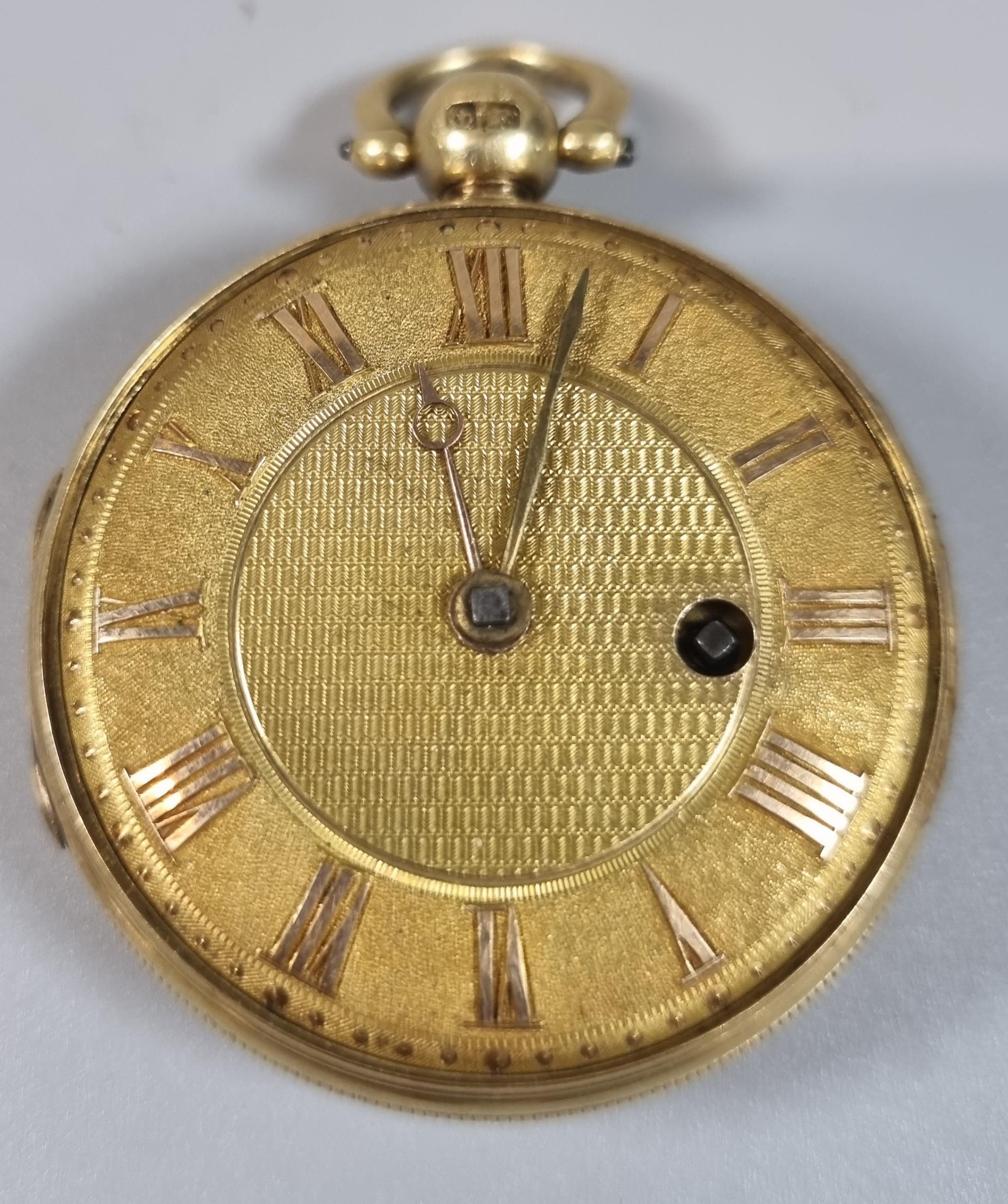 19th century 18ct gold keyless fusee movement open face pocket watch with engine turned case and - Image 2 of 4