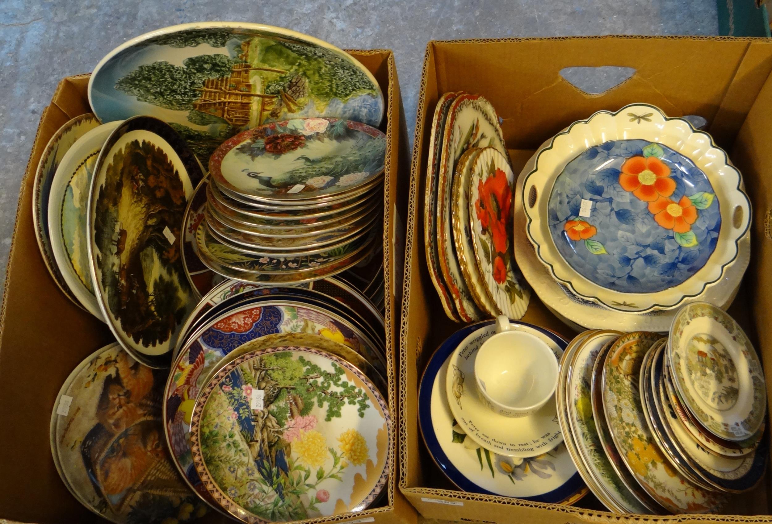 Two boxes of china to include; Danbury Mint and other collectors plates, Wedgwood Beatrix Potter