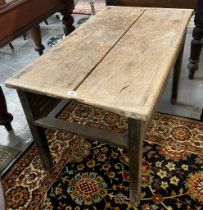 19th century pine cleated two plank top table in distressed condition. 105x60x69cm approx. (B.P. 21%
