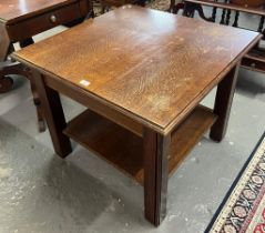 Early 20th century sold oak square form coffee table with under tier together with a walnut sofa