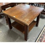 Early 20th century sold oak square form coffee table with under tier together with a walnut sofa