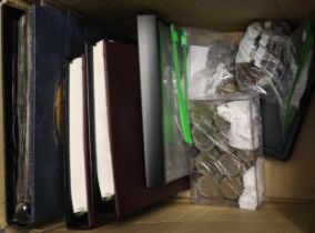 Box of assorted coinage, GB and Foreign, large collection of Churchill and other Crowns, albums of