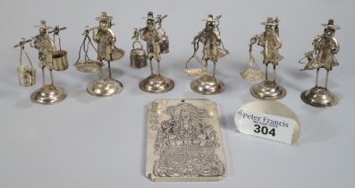 Collection of Asian white metal figures of farmers with their scales and buckets, marked to the