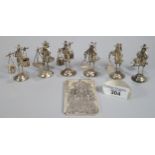 Collection of Asian white metal figures of farmers with their scales and buckets, marked to the