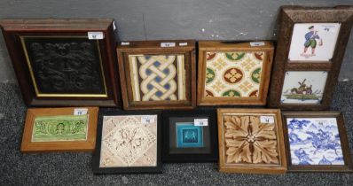 Collection of assorted ceramic tiles, various, all framed including: Delft, Spanish, 19th century