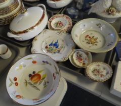 Tray of china to include: Tuscan china floral serving plate, hand painted fruit design bowls marked;