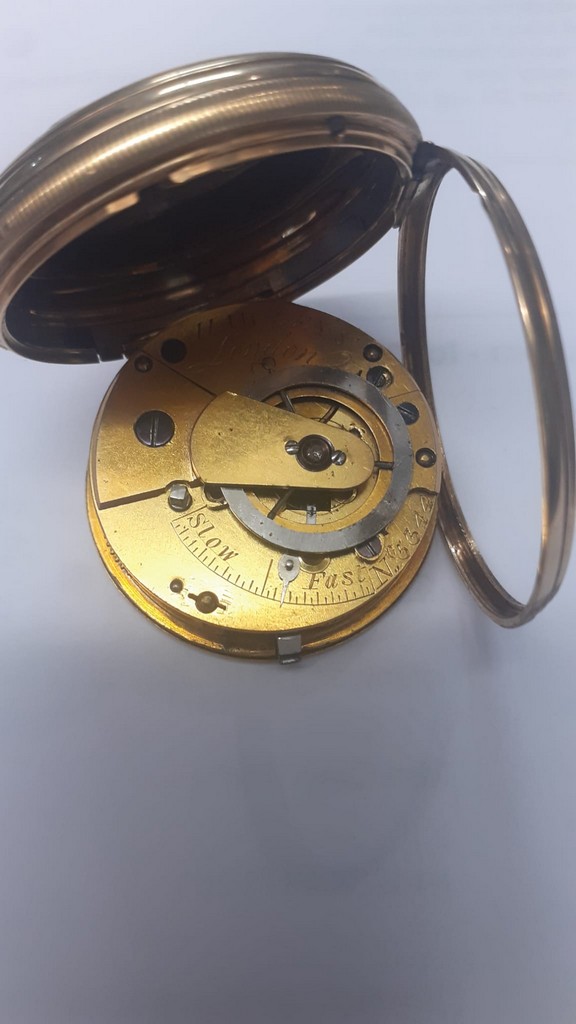 19th century 18ct gold keyless fusee movement open face pocket watch with engine turned case and - Image 3 of 4