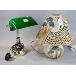 Modern brass desk/banker's lamp with green glass shade together with a ceramic mushroom design and