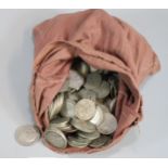 A money bag of GB silver coinage to include: mainly Half Crowns and Florins, Victorian Crown dated