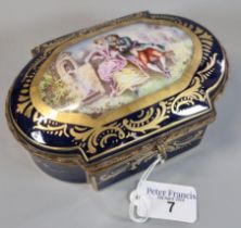 French porcelain, probably Sevres, trinket box, the top depicting a garden scene with young