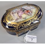 French porcelain, probably Sevres, trinket box, the top depicting a garden scene with young