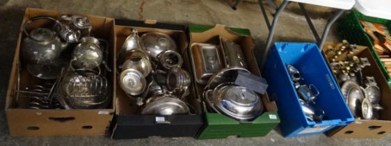 Five boxes of metalware, mostly silver plate to include: loose cutlery, water and milk jugs,