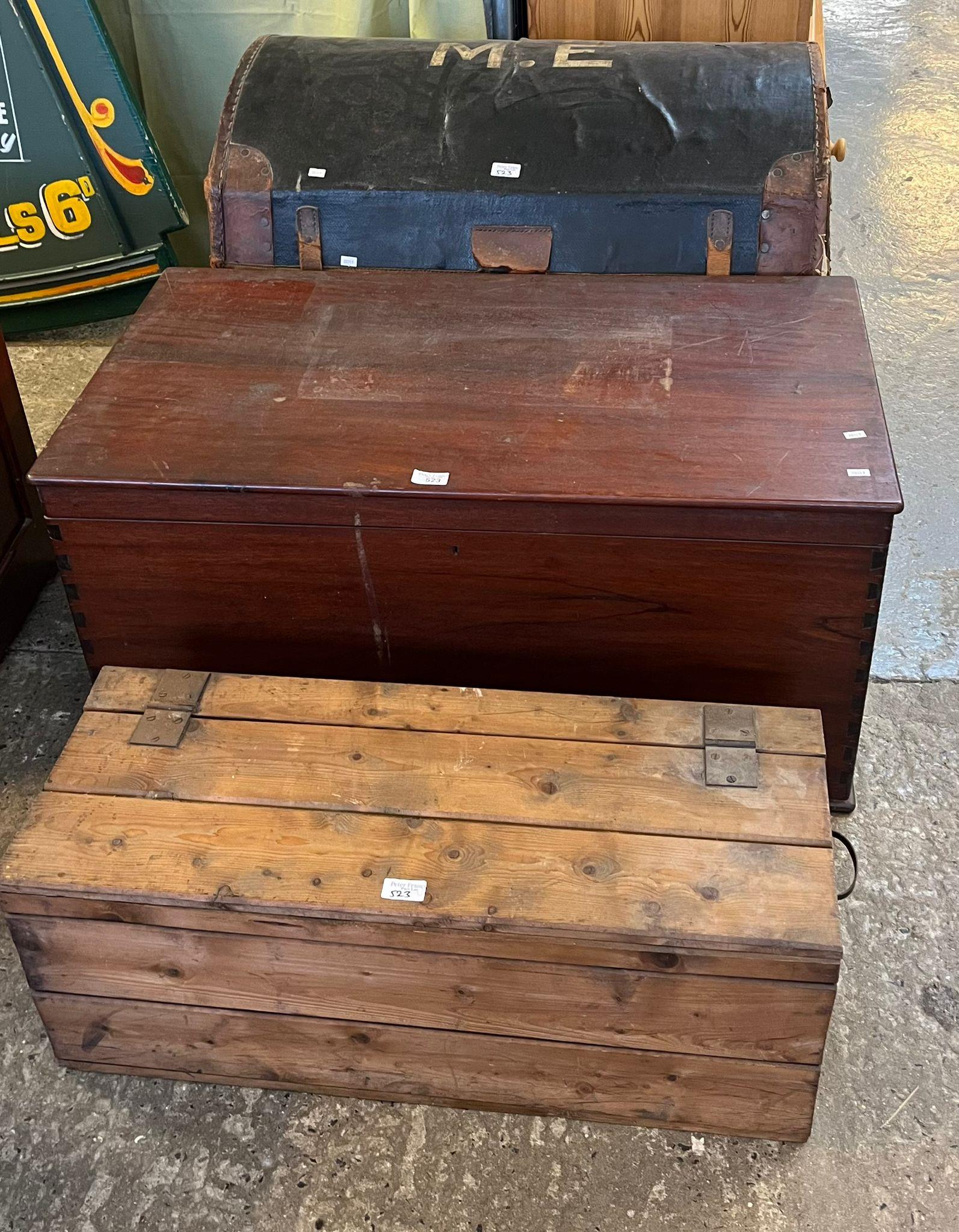 Large domed top travelling trunk, mahogany finish artisans box and another pine tool box. (3) (B.