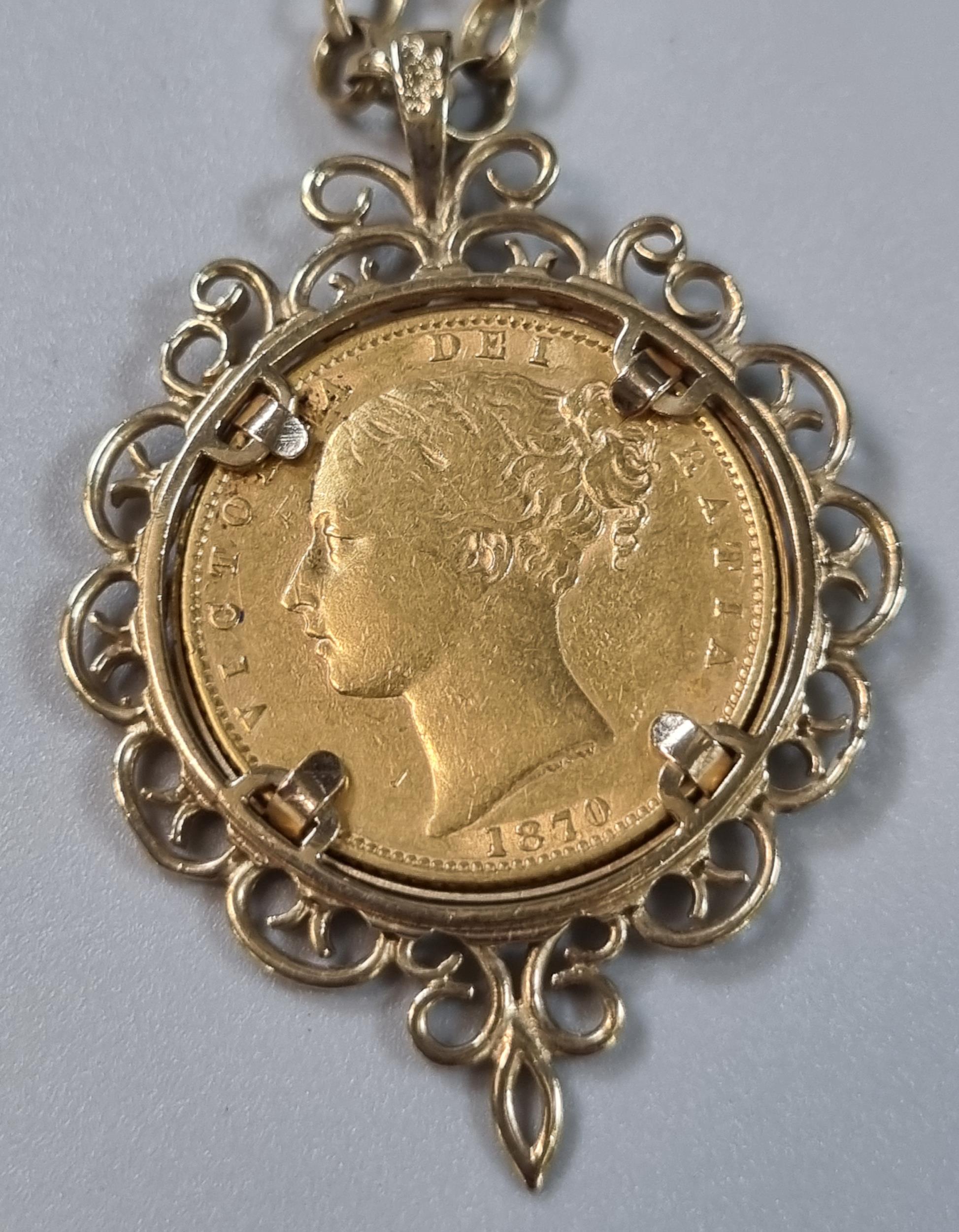 Victorian gold full Sovereign dated 1870 in ornate 9ct gold mount and 9ct gold curb link chain. 24. - Image 2 of 2