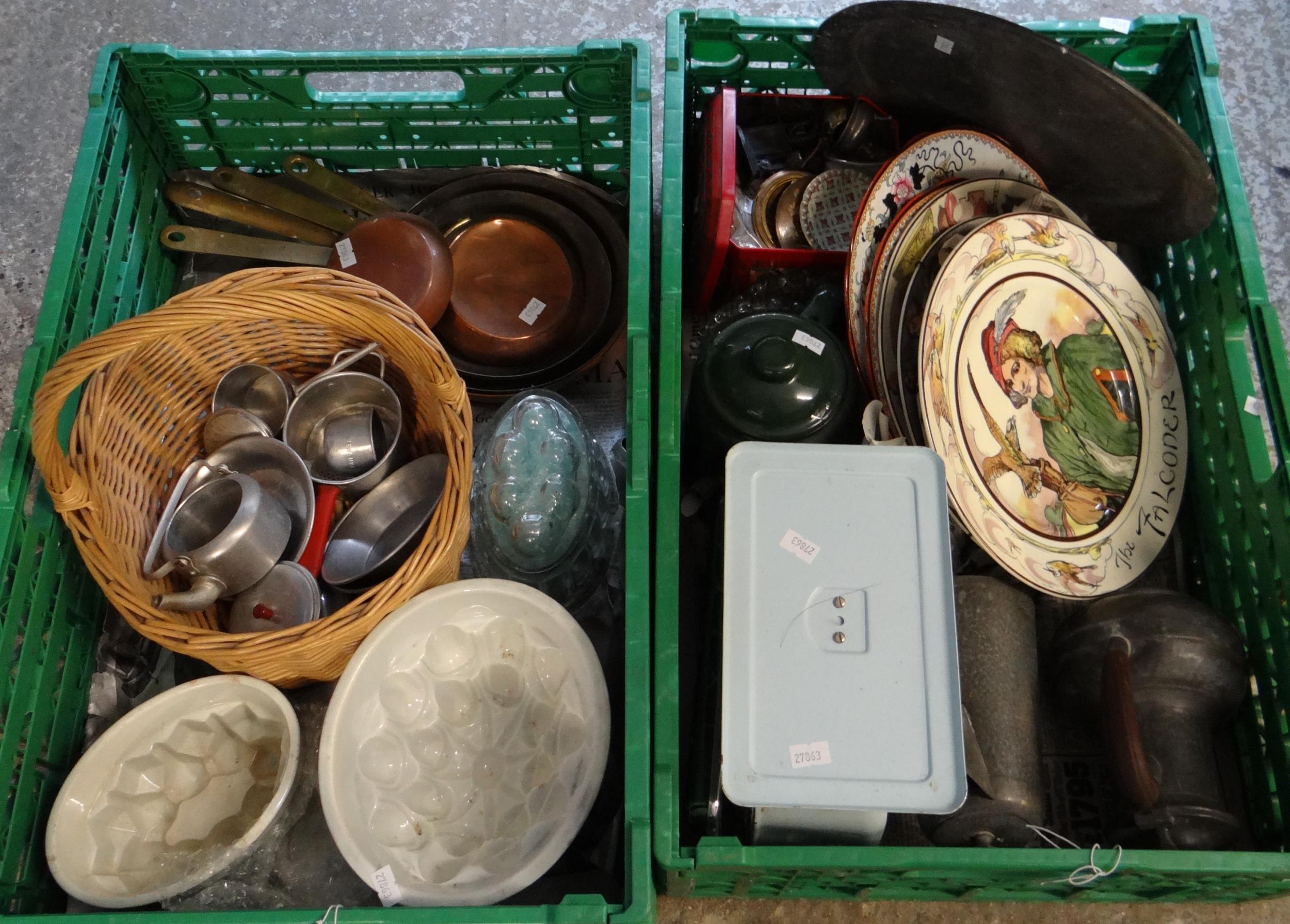 Two crates of kitchenalia to include: jelly moulds, wicker basket containing miniature cookware,