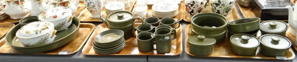 Three trays of mostly Wedgwood 'Greenwood' design oven to tableware to include: tureens, teapot,