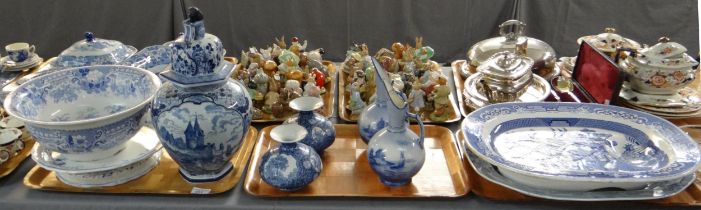 Three trays of blue and white china to include: willow design meat plate with well, Mason's patent