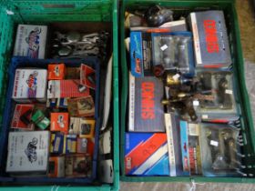 Two crates of automobilia to include: Rob Hunter dry charge batteries, Lucas contact set, toggle