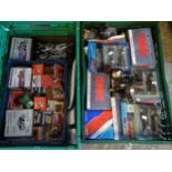 Two crates of automobilia to include: Rob Hunter dry charge batteries, Lucas contact set, toggle