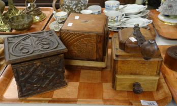 Tray of three carved wooden items to include: box, ice bucket and a spice grinder. (B.P. 21% + VAT)