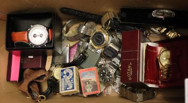 Box of assorted oddments to include: various watches including Rotary, Storm, vintage lighters,