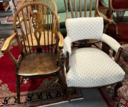 Edwardian mahogany upholstered tub nursing armchair together with a 20th century elm and beech