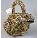 An unusual yellow glazed ceramic pouring vessel in the form of a frog/toad, overall decorated with