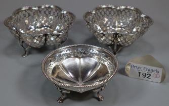 Pair of George V silver pierced bonbon dishes. Birmingham hallmarks. 3 troy oz approx. together with