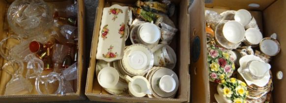 Three boxes of china and glassware to include: Colclough, Noritake and other teaware, James Kent '