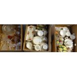 Three boxes of china and glassware to include: Colclough, Noritake and other teaware, James Kent '