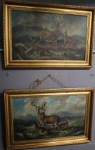 Alfred Worthington, (Welsh, 1835-1927), Stag with hinds on a Welsh moor, a pair, signed. Oils on