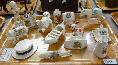 Tray of crested souvenir ware to include: Welsh ladies with spinning wheel, boxing figure, Dover
