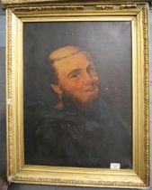 British School (19th century), portrait of a jovial monk. Oils on canvas. 60x46cm approx. Gilt