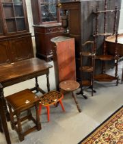 Collection of furnishing items to include reproduction corner what not, early 20th century oak