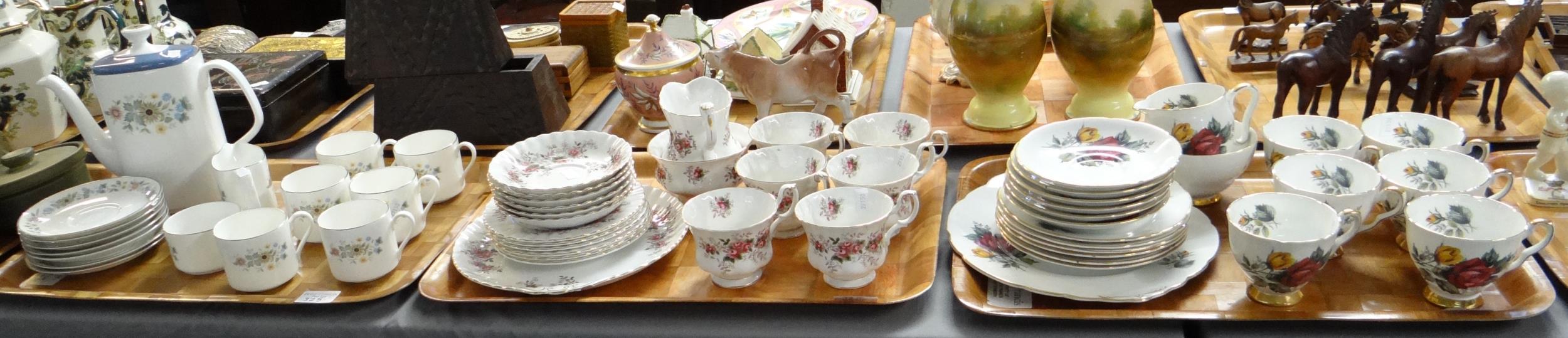 Three trays of tea and coffeeware to include: Royal Albert English bone china 'Lavender Rose' part