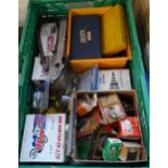 Crate of automobilia to include: Dunlop industrial tyre air line pressure pump inflator, Rob