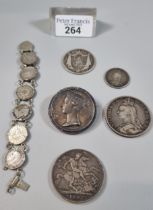 Collection of silver coins to include: two Victorian Crowns dated 1889 and 1887, half Crown, coin