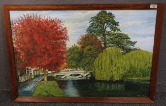 Vernon Maher (20th century), river scene with bridges and trees, signed. Oils on board. 62x91cm