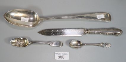 Large silver basting spoon. 4.9 troy oz approx. together with a silver berry spoon, a silver