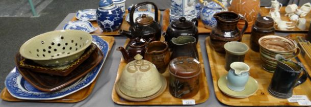 Three trays of Art pottery to include: various jugs, lidded canister, mug, teapots, cheese bell,