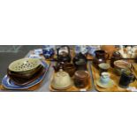 Three trays of Art pottery to include: various jugs, lidded canister, mug, teapots, cheese bell,