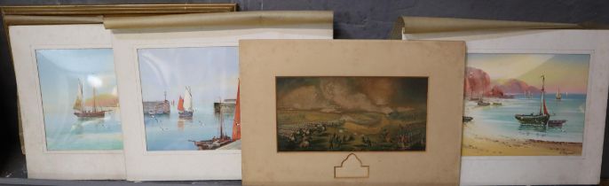 Three unframed marine watercolours and an unframed Baxter print 'Charge of The British Troops on the