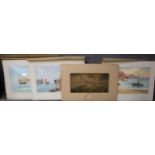 Three unframed marine watercolours and an unframed Baxter print 'Charge of The British Troops on the