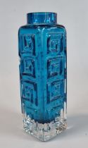 Whitefriars Kingfisher blue Greek Key vase. (B.P. 21% + VAT) Two noticeable large chips to the