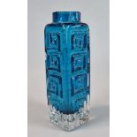 Whitefriars Kingfisher blue Greek Key vase. (B.P. 21% + VAT) Two noticeable large chips to the