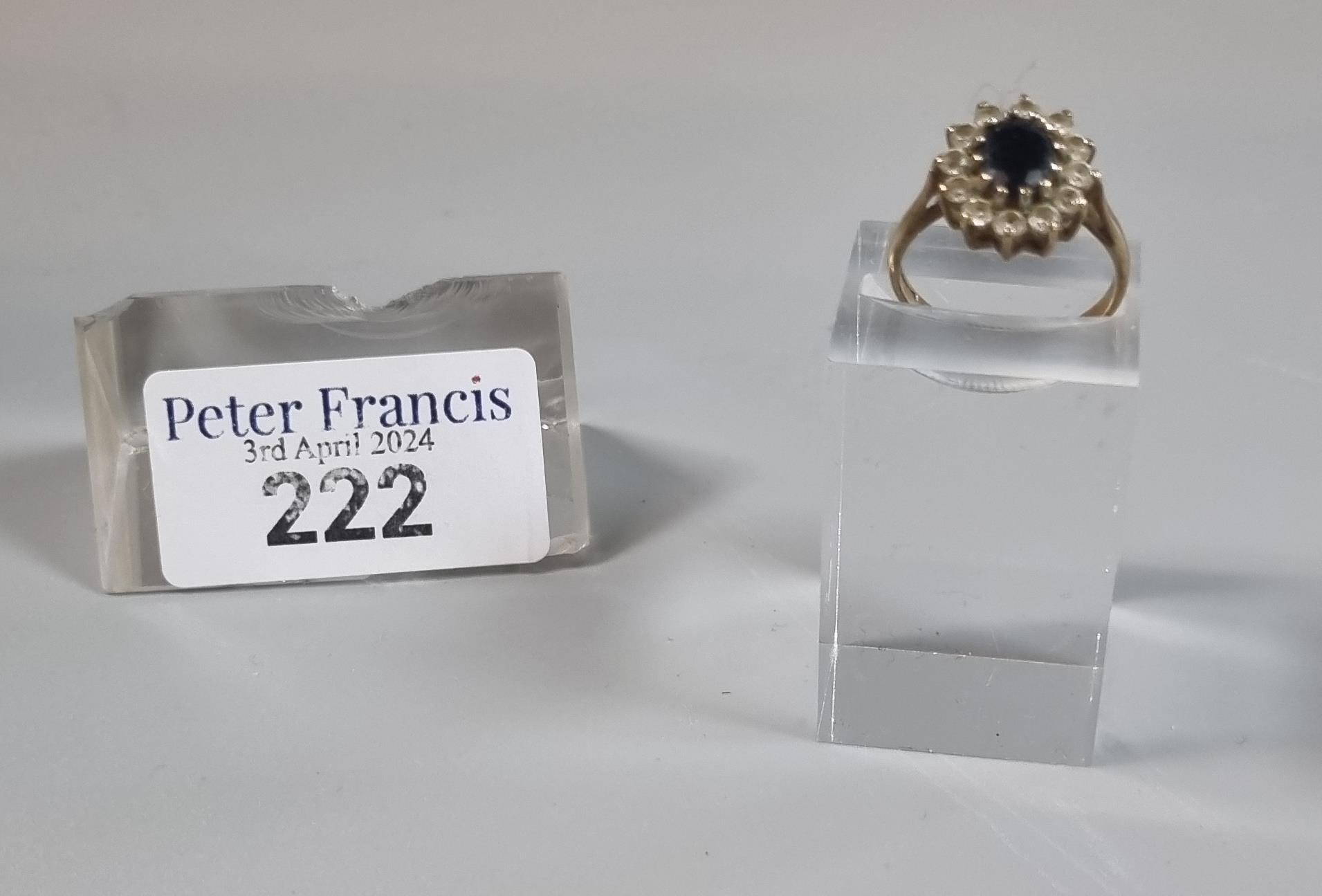 Gold multi-cluster blue and white stone ring, indistinct hallmarks. 3g approx. size N. (B.P. 21% + - Bild 4 aus 4