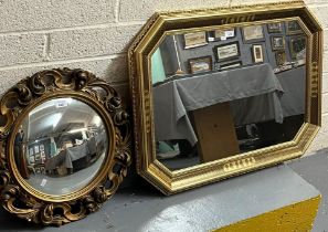 Modern gilt framed octagonal mirror together with another gilt framed and pierced convex type