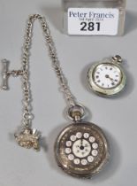 Small silver enameled ladies top wind open faced fob watch with Roman enamel face together with