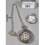 Small silver enameled ladies top wind open faced fob watch with Roman enamel face together with