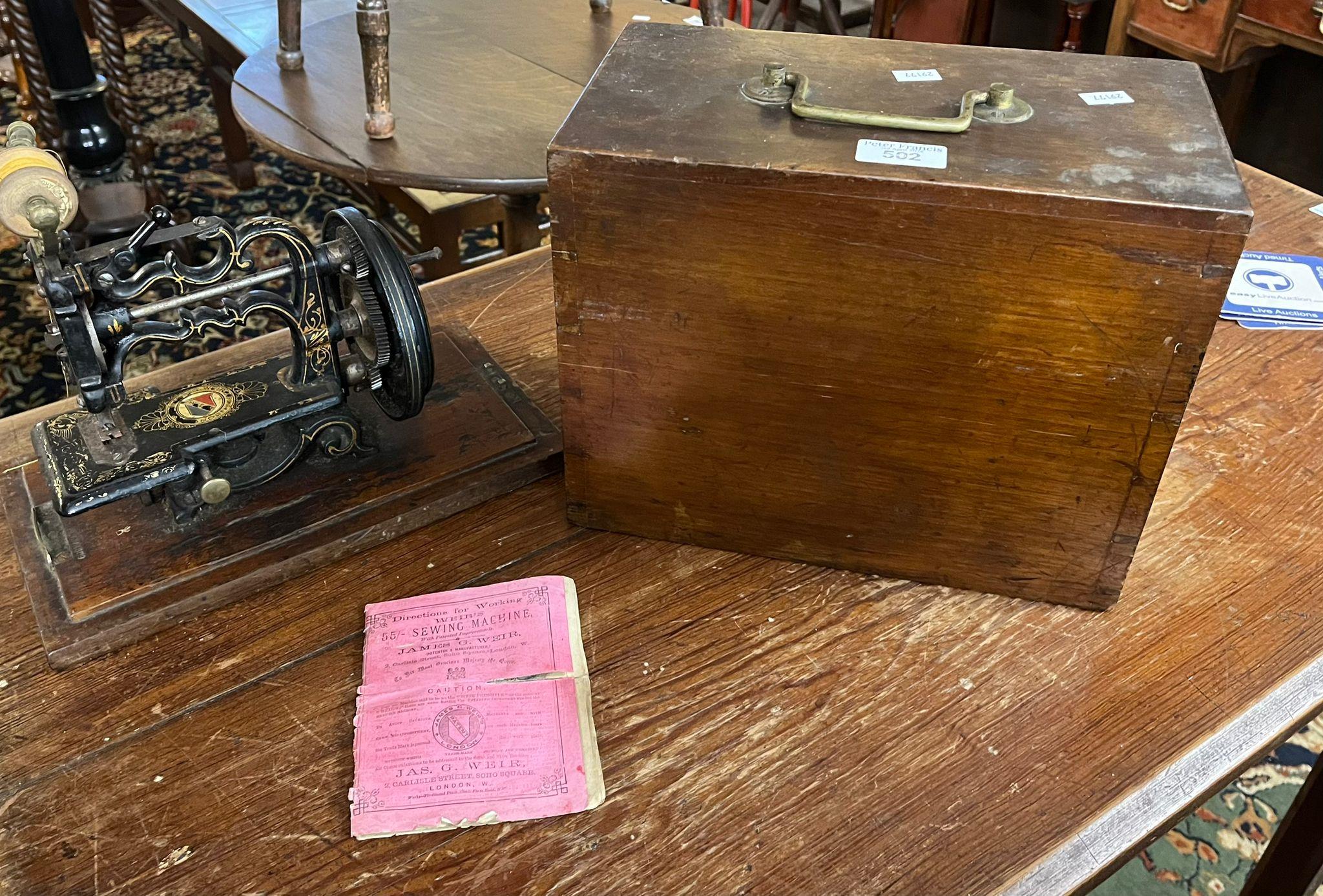 'The Globe' vintage sewing machine by James G. Weir, in fitted mahogany box with brass carrying